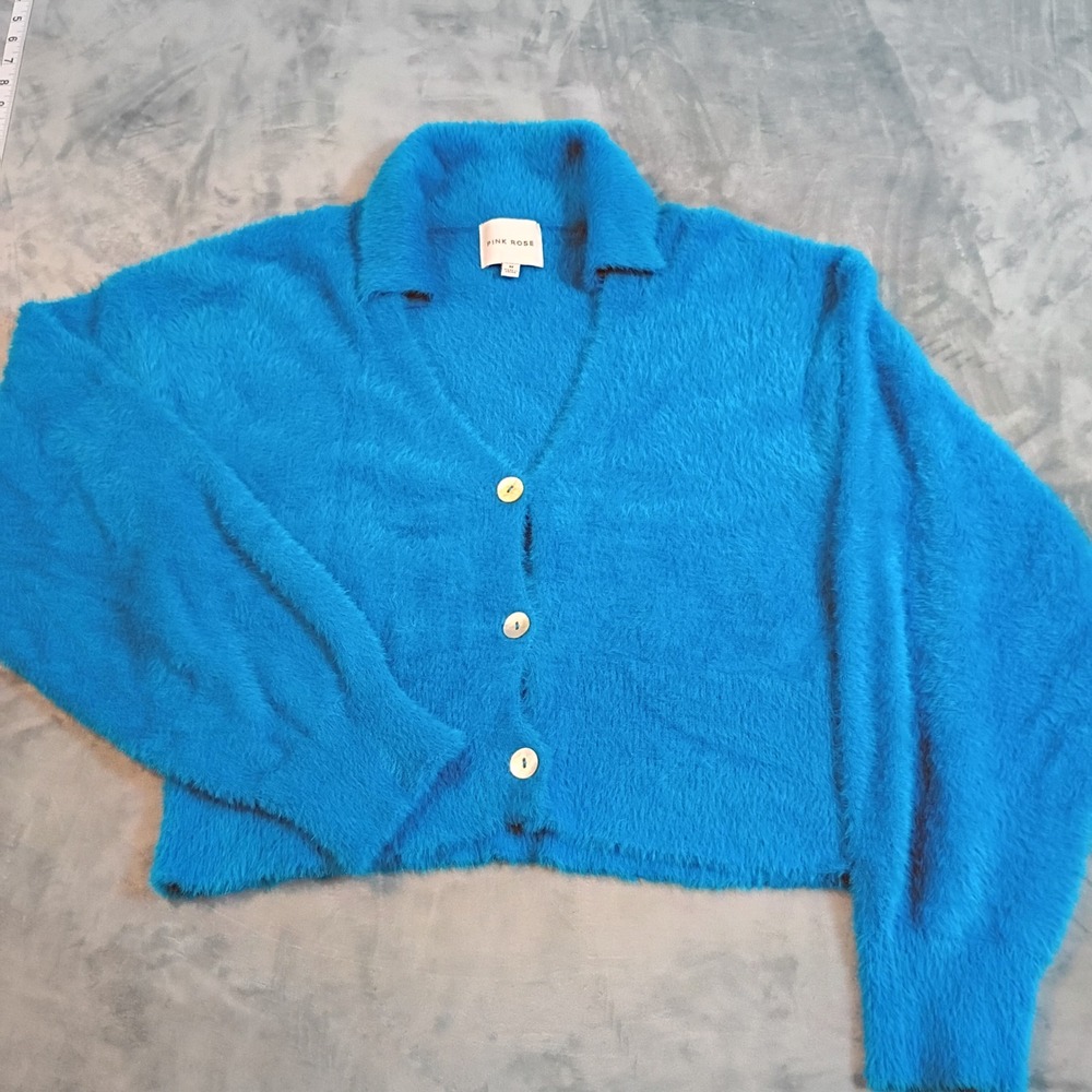 Pink Rose Blue Fuzzy Eyelash Knit Cropped Cardigan Sweater Collared Size M